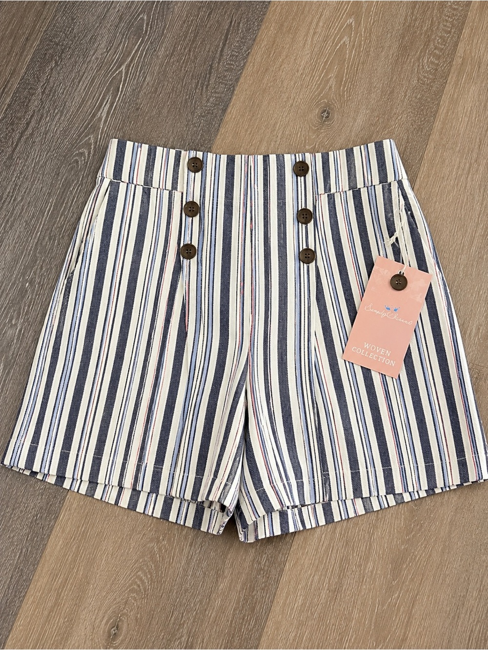 High-Waist Striped Button-Front Shorts - Navy & White